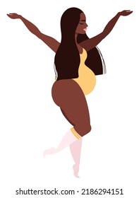 Pregnant Girl In Underwear. Pregnancy, Maternity Concept Flat Illustration. Beautiful Female Character With A Big Belly Dancing. Yellow Swimsuit And Long Pink Socks. Infographic Mom A Waiting Baby.