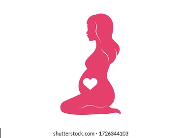 Pregnant Kneeling Woman Silhouette Icon. Beautiful Pregnant Woman Kneeling Icon. Silhouette Of Pregnant Woman With Heart Illustration. Abstract Pregnant Woman In Yoga Position Pink Icon