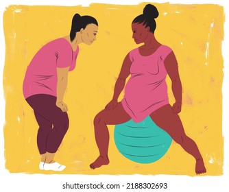 Pregnant Mother In Labor Sitting On Birthing Ball With Doula Offering Support