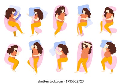 Pregnant Sleeping Poses. Woman Comfortable Sleeping Poses, Pregnant Healthy Night Sleep. Various Preggo Sleep Pose  Illustration Set