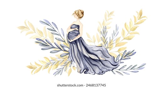 Pregnant woman in blue dress, holding her belly, watercolor hand-painted future mom. Pregnancy, motherhood, prenatal, baby, concept. Perfect for card, tags, invitation, printing, wrapping. - Powered by Shutterstock