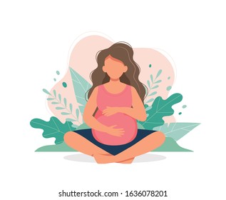 Pregnant Woman Doing Prenatal Yoga. Pregnancy Health Concept. Cute Illustration In Flat Style