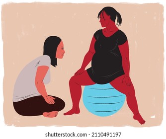 Pregnant Woman In Labor Sitting On Birthing Ball With Doula Nearby