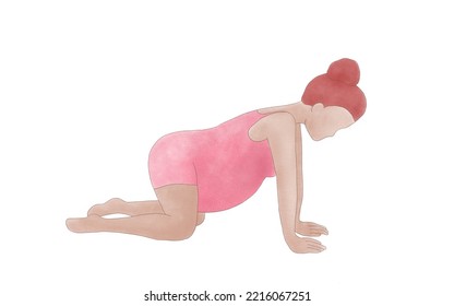 A Pregnant Woman In A Pink Jumpsuit Stands On All Fours