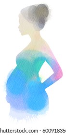 Pregnant woman silhouette plus abstract water color painted. Mother and baby health. Digital art painting.