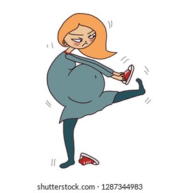 Pregnant. A pregnant woman tries to bend over to put on shoes, but her very big belly hinders her and she gets angry,
cartoon funny card about problems and curious situations during pregnancy