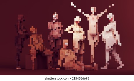 Pregnant Women Mothers Multi Racial Equity Group Strong Pose Sex Gender Equality Abstract Cube Blocks Pixel Voxels With Brown Background 3d Illustration Render