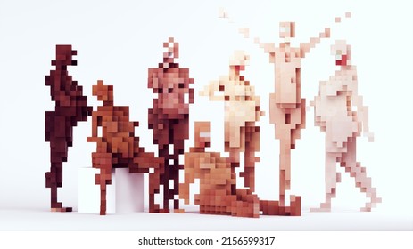 Pregnant Women Mothers Multi Racial Equity Group Strong Pose Sex Gender Equality Abstract Cube Blocks Pixel Voxels With White Background 3d Illustration Render