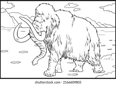 Prehistoric animals. Illustration with extinct Elephant - mammoth. Drawing for coloring book.