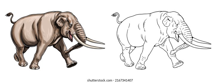Prehistoric animals. Illustration with extinct Elephant - Mastodon. Silhouette drawing for coloring book.