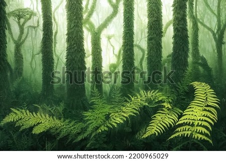 Prehistoric antediluvian forest landscape with primitive trees and ferns. Tropical primeval environment. Digital 3D illustration. Сток-фото © 