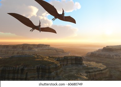 PREHISTORIC CANYON - Two Pterodactyl flying dinosaurs soar above a beautiful canyon.