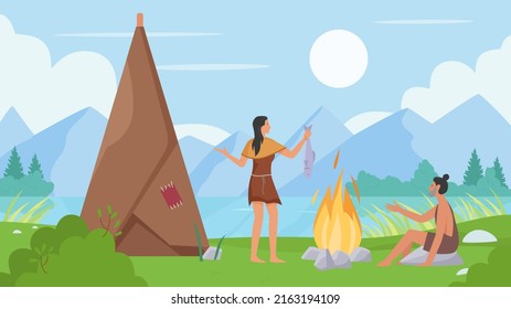 Prehistoric Family People Cook Food Illustration. Cartoon Primitive Caveman Character Sitting By Fire, Neanderthal Woman Cooking Fish On Bonfire, Prehistory Stone Age Wild Scene Background