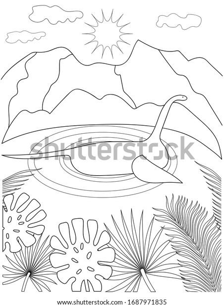 Prehistoric Landscape Dinosaur Jura Floating Nessie Stock Illustration ...