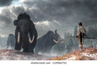 In a prehistoric wilderness, a woman faces the Gods of Winter.  Three woolly mammoths emerge from the cold Pleistocene mists. The woman, dressed in white fur, holds a spear at her side. 3D Rendering
