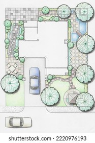 Preliminary Design Or Draft Of Layout Plan Of Home Landscape Or Garden Design Drawing Add Rough Sketch Style By Hand With Color Pencil On White Paper