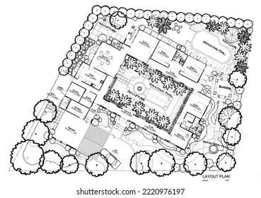 Preliminary Design Or Draft Of Layout Plan Of Home Landscape Or Garden Design Drawing Add Rough Sketch Style By Hand With Black Pen On White Paper, With English And Thai Language In Plan Drawing