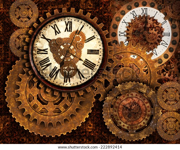 さびた歯車と時計の事前作成された背景が すべて異なる時間を示しています のイラスト素材