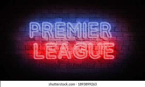 Premier League neon sign on a brick wall. 3d render poster. High quality photo