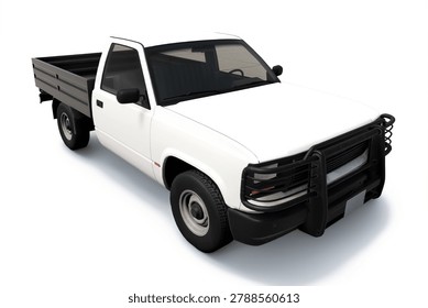 Premium 3D render of a generic white commercial flatbed pickup truck featuring a black steel bullbar bumper, isolated on white. High-resolution unbranded industrial utility vehicle for logistics, fleet transport, and corporate delivery branding mockups.