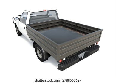 Premium 3D render of a generic white commercial flatbed pickup truck featuring a black steel bullbar bumper, isolated on white. High-resolution unbranded industrial utility vehicle for logistics, fleet transport, and corporate delivery branding mockups.