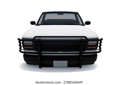 Premium 3D render of a generic white commercial flatbed pickup truck featuring a black steel bullbar bumper, isolated on white. High-resolution unbranded industrial utility vehicle for logistics, fleet transport, and corporate delivery branding mockups.