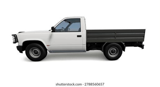 Premium 3D render of a generic white commercial flatbed pickup truck featuring a black steel bullbar bumper, isolated on white. High-resolution unbranded industrial utility vehicle for logistics, fleet transport, and corporate delivery branding mockups.
