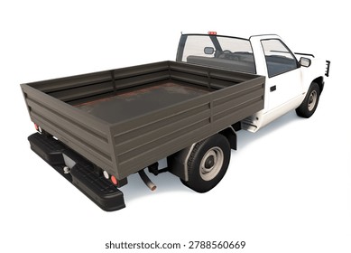 Premium 3D render of a generic white commercial flatbed pickup truck featuring a black steel bullbar bumper, isolated on white. High-resolution unbranded industrial utility vehicle for logistics, fleet transport, and corporate delivery branding mockups.