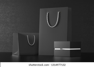 Premium Black Package For Purchases On A Black Background. Black Paper Shopping Bag With Handles Mock Up. Luxury Bag And Box, 3d Rendering