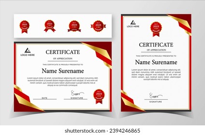 Premium certificate of achievement template, gold and red color. Clean modern certificate with gold badge. - Powered by Shutterstock