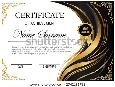 A premium certificate design featuring dynamic golden waves on a black background with sophisticated floral corner ornaments and a professional white layout.