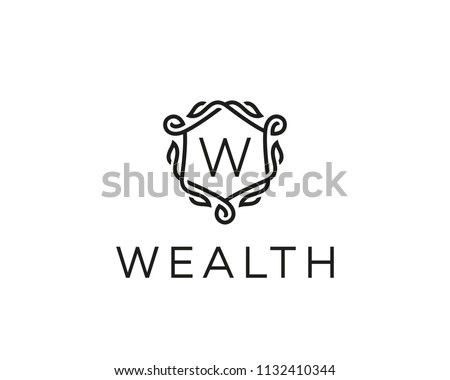 Premium linear shield monogram letter W logotype. Elegant crest leaf stamp icon logo. Luxury alphabet frame symbol. 