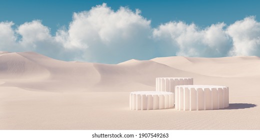 Premium minimal product podium with architecture columns on sand dunes. 3d rendering cosmetic podium background.
