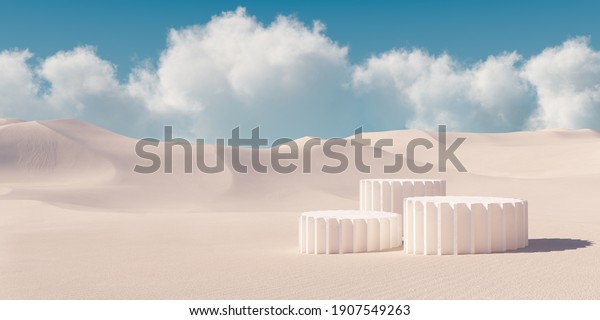 Premium minimal\
product podium with architecture columns on sand dunes. 3d\
rendering cosmetic podium\
background.