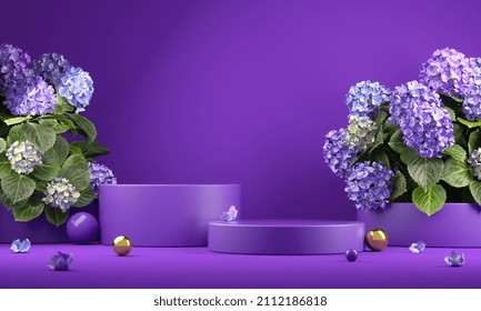 Premium Mockup Purple Display Podium, Bouquet Flora Background 3D Rendering