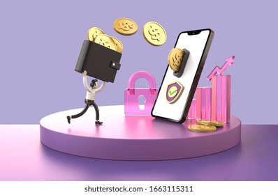 Premium Money Transfer Online Protected Security On Smartphone Concept On Purple Background, 3D Illustration.