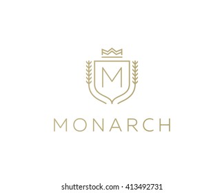 Premium  Monogram Letter M Initials Ornate Signature Logotype. Elegant Crest Logo Icon Design. Luxury Shield Crown Sign. 