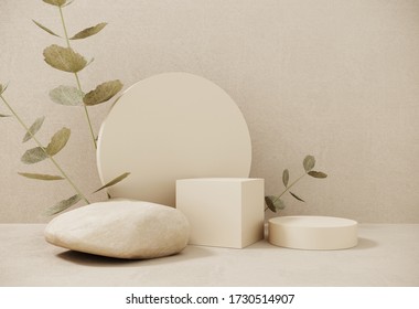 Premium podium made paper pastel background and plant branches leaves pebbles   natural stones Mock up for the exhibitions presentation products  therapy  relaxation   health   3d render 