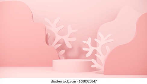 Premium podium, stand made of paper on pastel, light background with marine plant. Mock up for skin care, spa, presentation of products, cosmetic - 3D render.Composition of geometric object, cylinder.