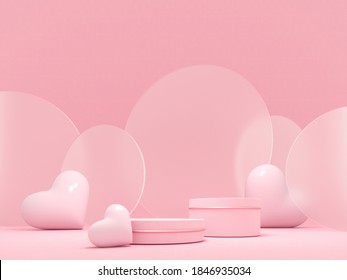 Premium podium, stand on pastel, light background. Holiday greeting card for Valentine's Day - 3d, render with copy space on February 14, March 8. Studio with pink hearts, symbol of love.