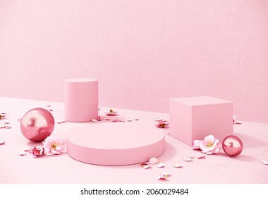 Premium podium, stand on pastel, pink background. Holiday greeting card for Valentine's Day - 3d, render with copy space on February 14, March 8. Romance showcase with flowers, symbol of love.
