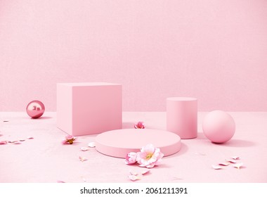 Premium podium, stand on pastel, pink background. Holiday greeting card for Valentine's Day - 3d, render with copy space on February 14, March 8. Romance showcase with flowers, symbol of love.