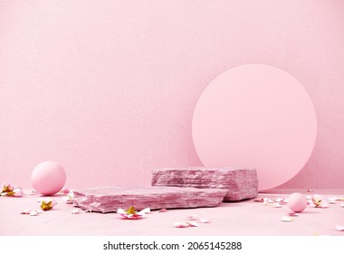 Premium Podium, Stand On Pastel, Pink Background. Holiday Greeting Card For Valentine's Day - 3d, Render With Copy Space On February 14, March 8. Romance Showcase With Flowers, Symbol Of Love.