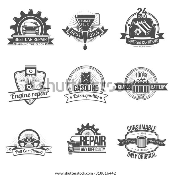 Premium quality auto service car repair\
industry emblem set isolated \
illustration