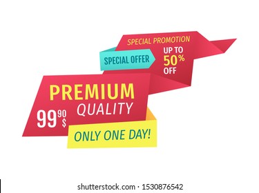 Premium quality only one day special offer promotion from selling store. Save up to 50 dollars with clearance discount. Ribbons isolated on raster