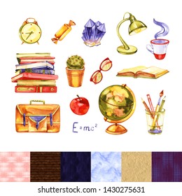 Premium quality watercolor icons set study skills  school learning   education  Hand drawn realistic decoration and text lettering  Flat lay watercolor objects isolated white background