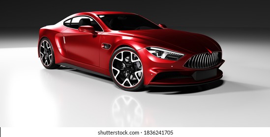 Premium Red Coupe Sports Car In Studio Light. Brandless Modern Style. 3D Illustration