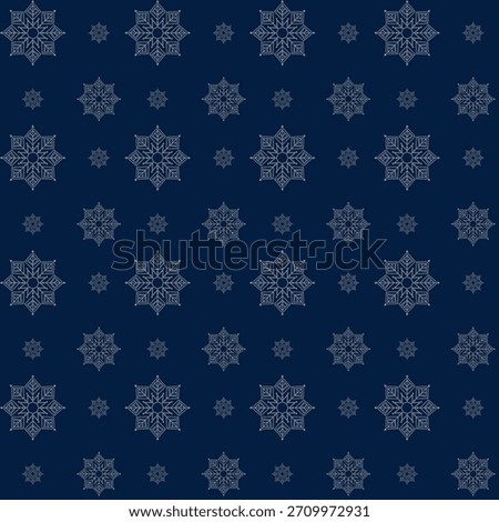 Premium seamless winter pattern with metallic-style silver snowflakes on a deep midnight blue background. Perfect for luxury packaging, winter branding, greeting cards, holiday decor, gift wrap.