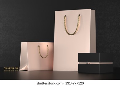 Premium Shopping Package For Purchases On A Black Background. Rose Gold Paper Shopping Bag With Golden Handles Mock Up. Luxury Bag, 3d Rendering