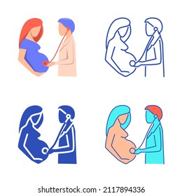 Prenatal Checkup Icon Set In Flat And Line Style. Pregnant Woman And Doctor With Stethoscope Symbol. 